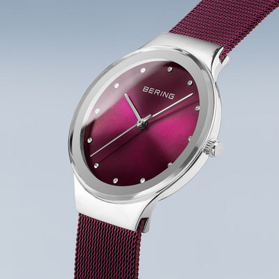 Ladies Bering Classic 34mm Purple Sunray Dial Milanese Watch 12934-909