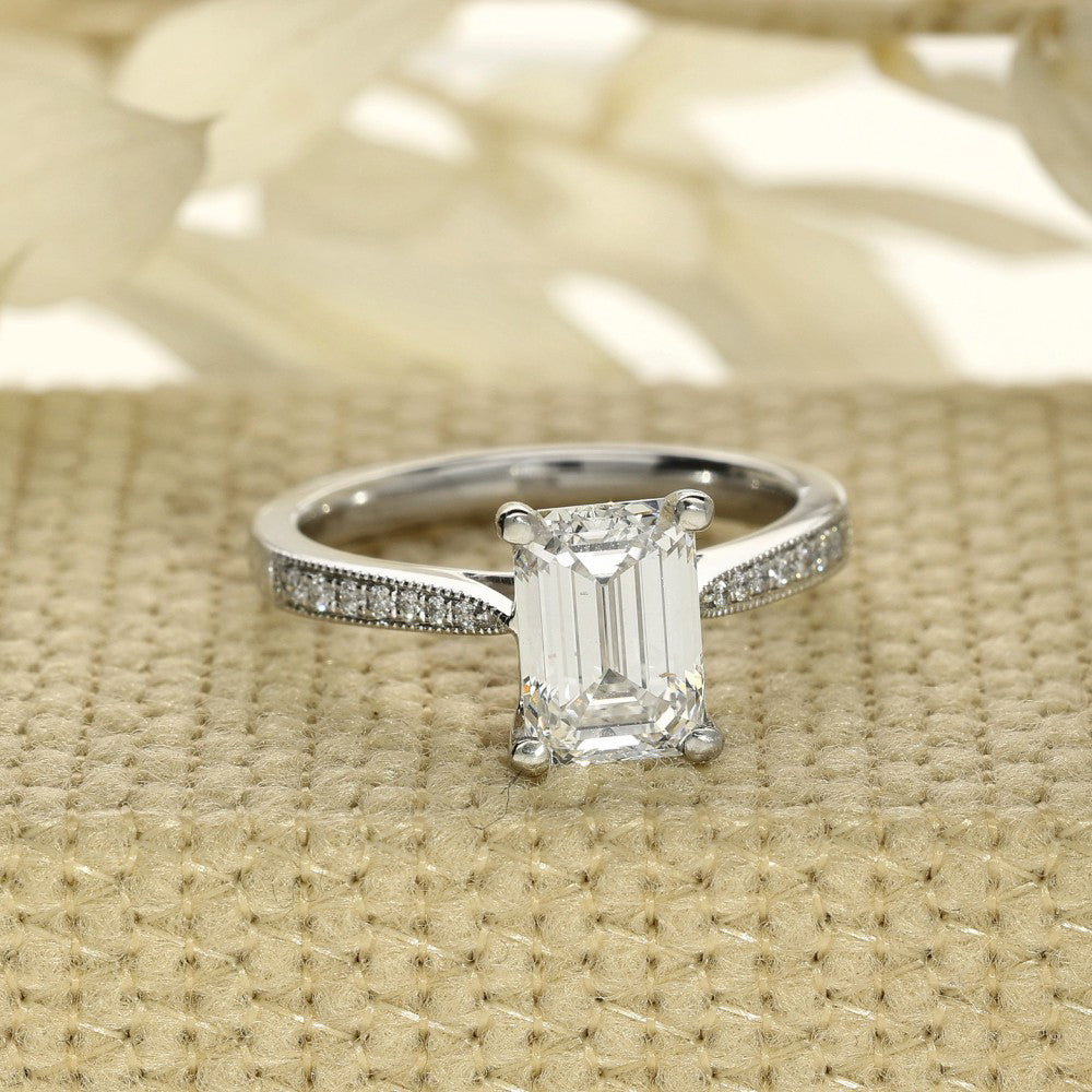 Platinum Laboratory-Grown 1.90ct Emerald Cut Diamond Solitaire Ring with Diamond Shoulders