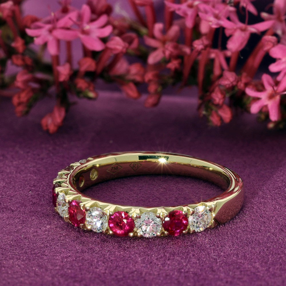 18ct Yellow Gold Ruby & Diamond 3mm Half Eternity Ring