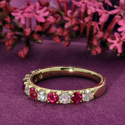 18ct Yellow Gold Ruby & Diamond 3mm Half Eternity Ring