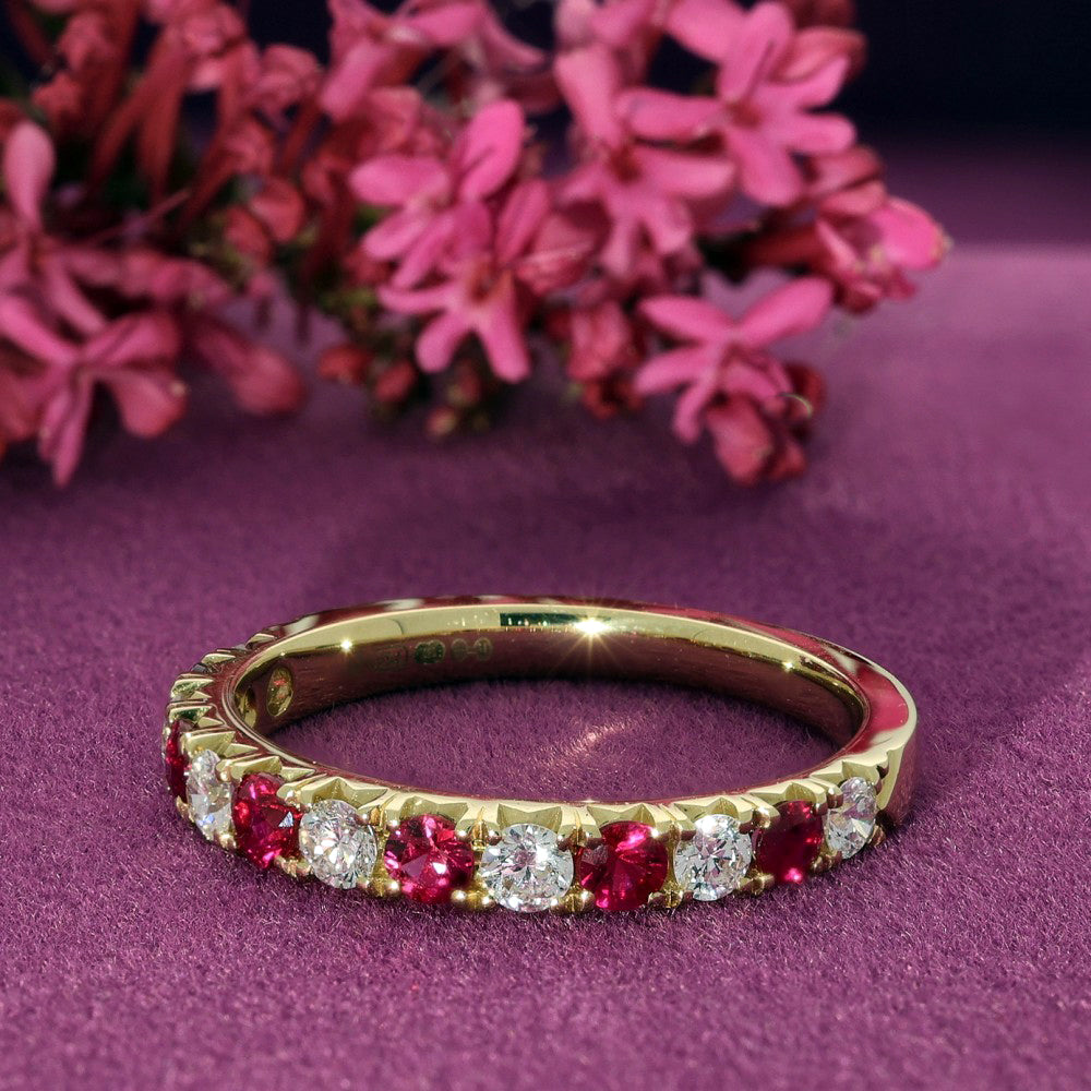 18ct Yellow Gold Ruby & Diamond Slim 2.7mm Half Eternity Ring