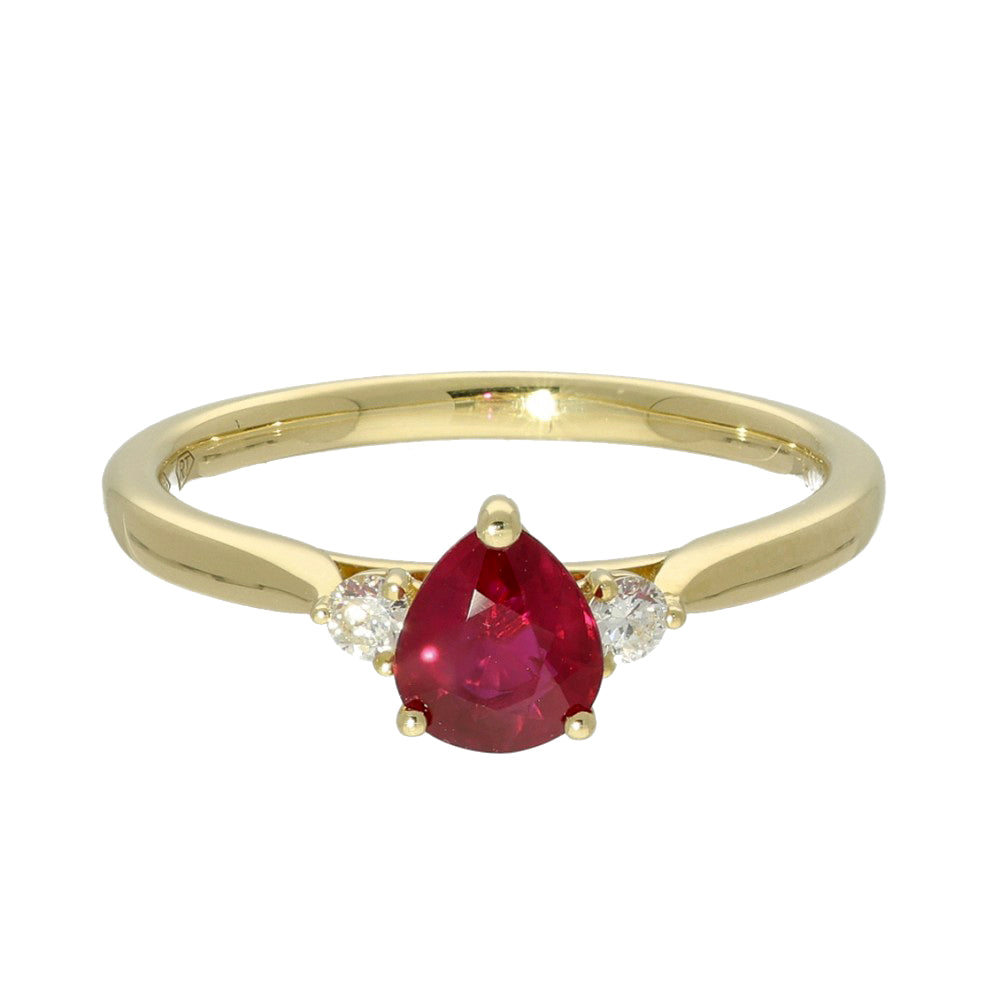 18ct Yellow Gold Pear Shape Ruby and Diamond Trilogy Ring