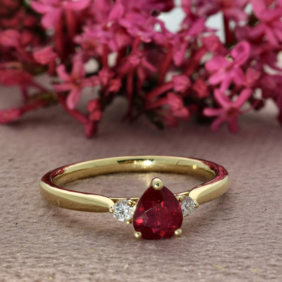 18ct Yellow Gold Pear Shape Ruby and Diamond Trilogy Ring