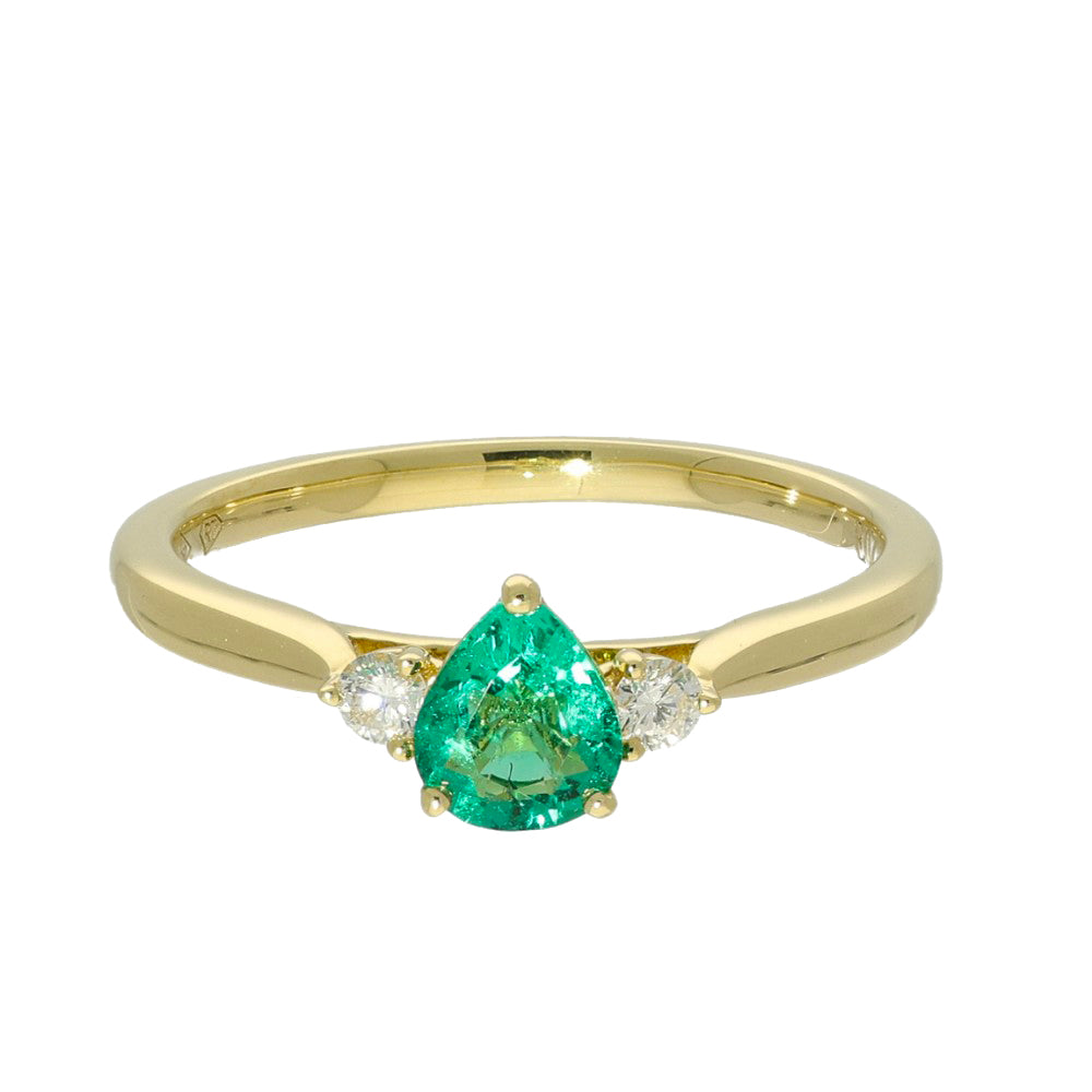 18ct Yellow Gold Pear Shape Emerald and Diamond Trilogy Ring