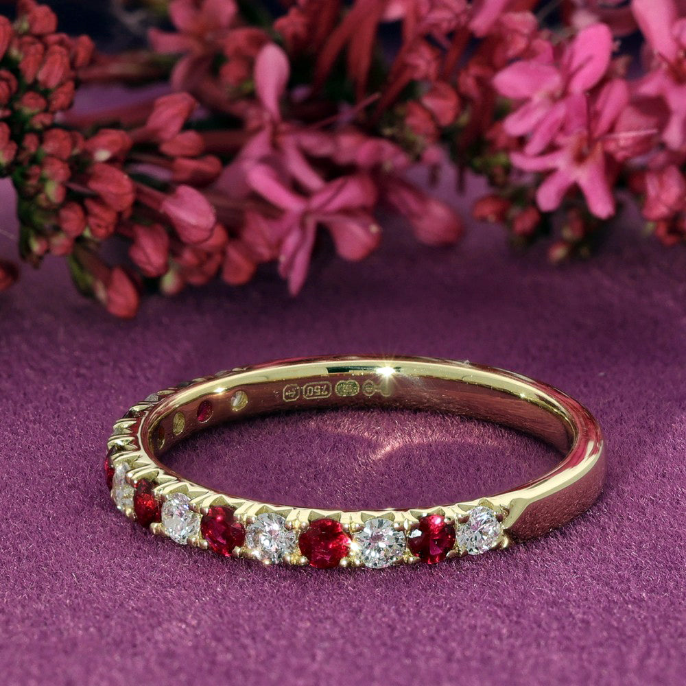 18ct Yellow Gold Ruby & Diamond Slim 2.1mm Half Eternity Ring