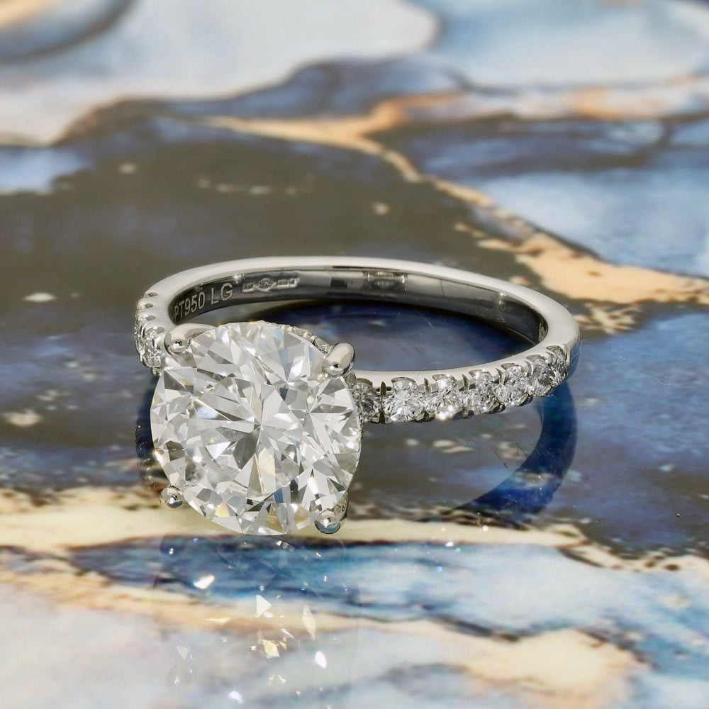 Platinum Laboratory-Grown Diamond 3ct Round Solitaire with Hidden Halo & Shoulder Diamonds