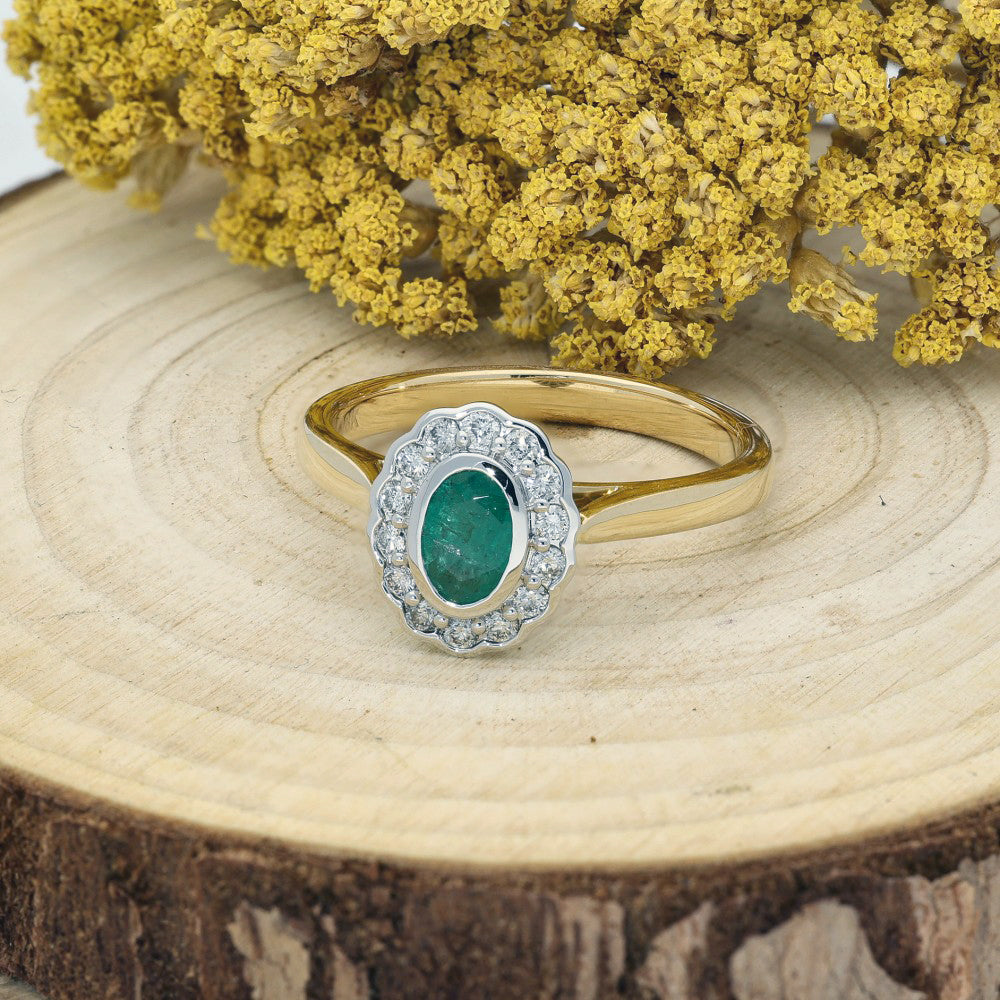 18ct Yellow Gold Emerald & Diamond Halo Ring