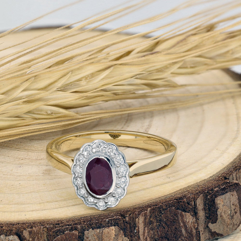 18ct Yellow Gold Ruby & Diamond Halo Ring