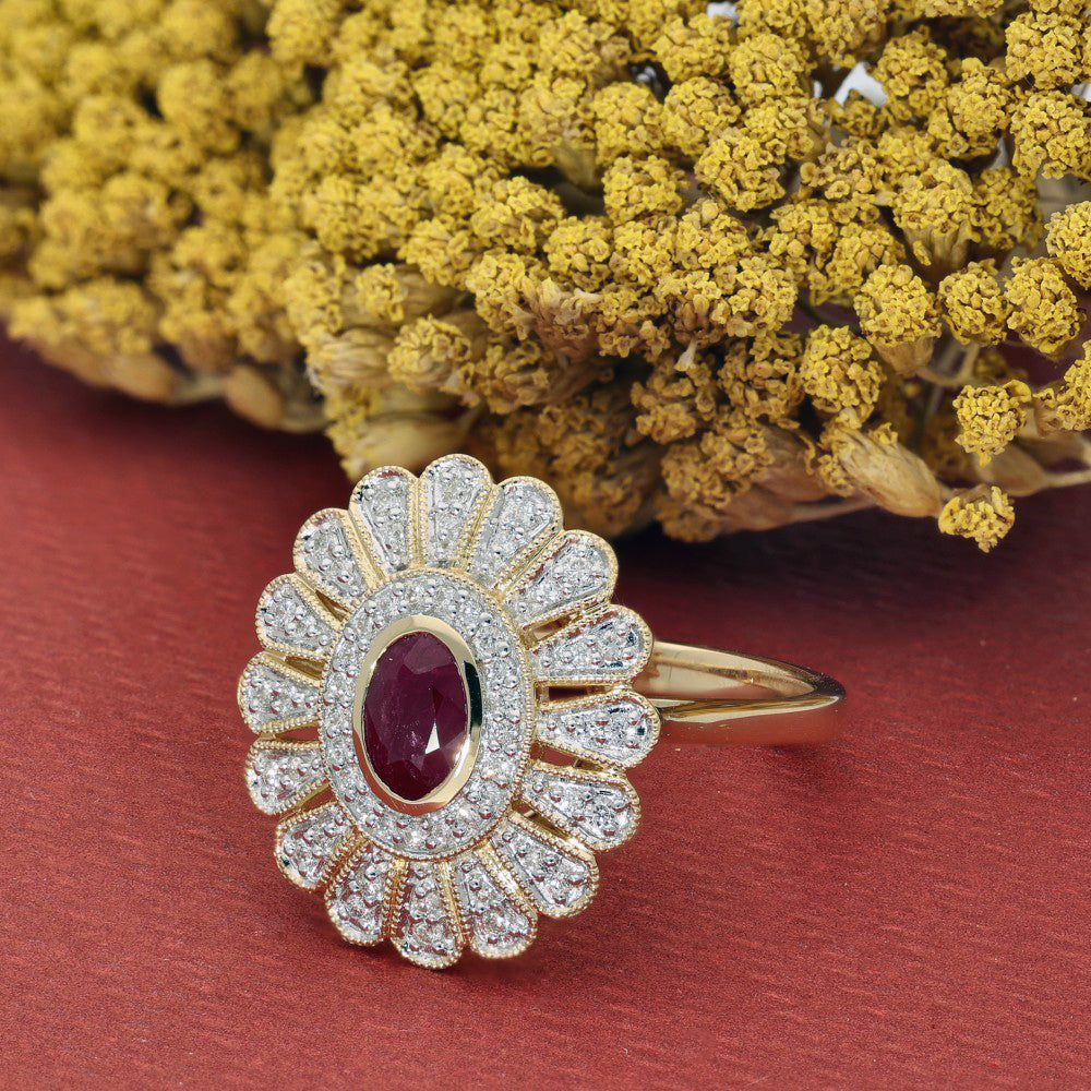 18ct Yellow Gold Ruby & Diamond Sunburst Halo Ring