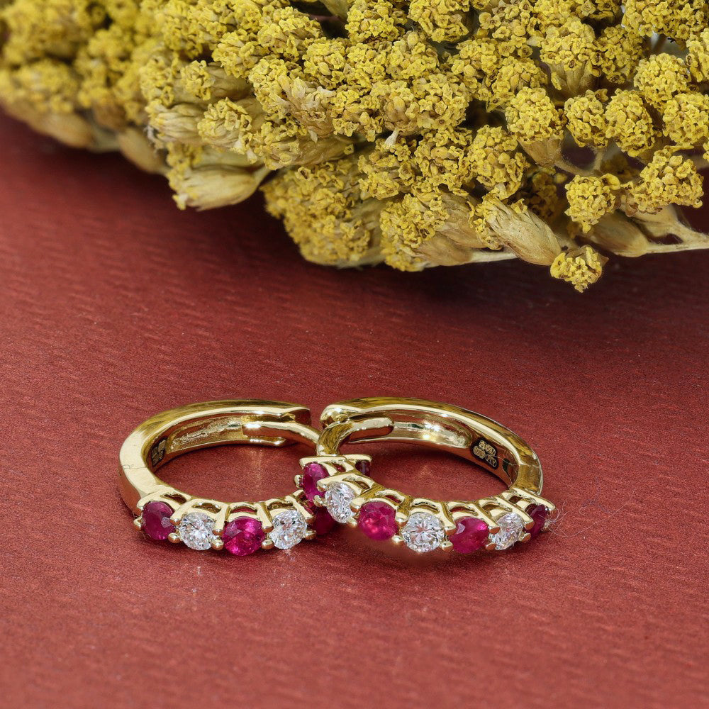 18ct Yellow Gold Ruby & Diamond Small Hoop Huggie Earrings