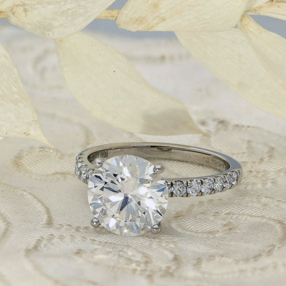 Platinum Laboratory-Grown Diamond 3ct Round Solitaire with Hidden Halo & Shoulder Diamonds