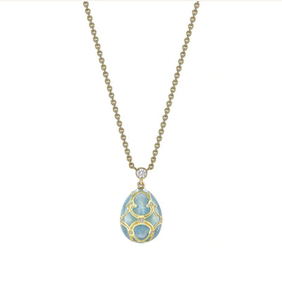 Fabergé Heritage Yellow Gold Diamond & Turquoise Guilloché Enamel Petite Egg Pendant