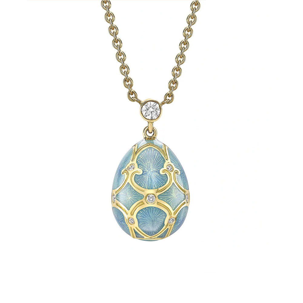 Fabergé Heritage Yellow Gold Diamond & Turquoise Guilloché Enamel Petite Egg Pendant