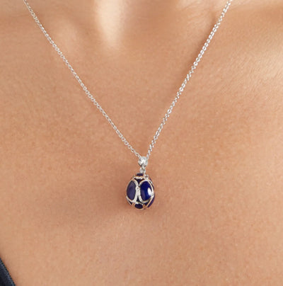Fabergé Heritage Palais White Gold Diamond & Royal Blue Guilloché Enamel Petite Egg Pendant