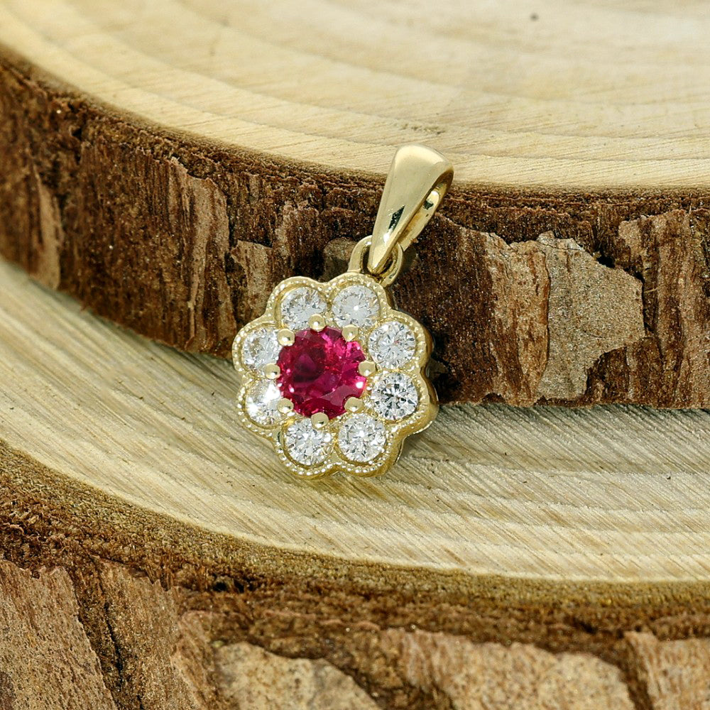 18ct Yellow Gold Ruby & Diamond Halo Pendant