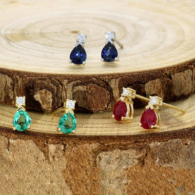 18ct Yellow Gold Pear Shape Emerald and Diamond Teardrop Stud Earrings