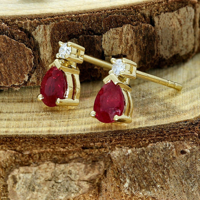 18ct Yellow Gold Pear Shape Ruby and Diamond Teardrop Stud Earrings