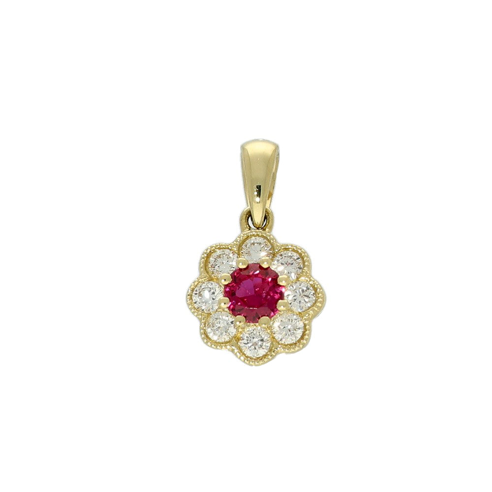 18ct Yellow Gold Ruby & Diamond Halo Pendant