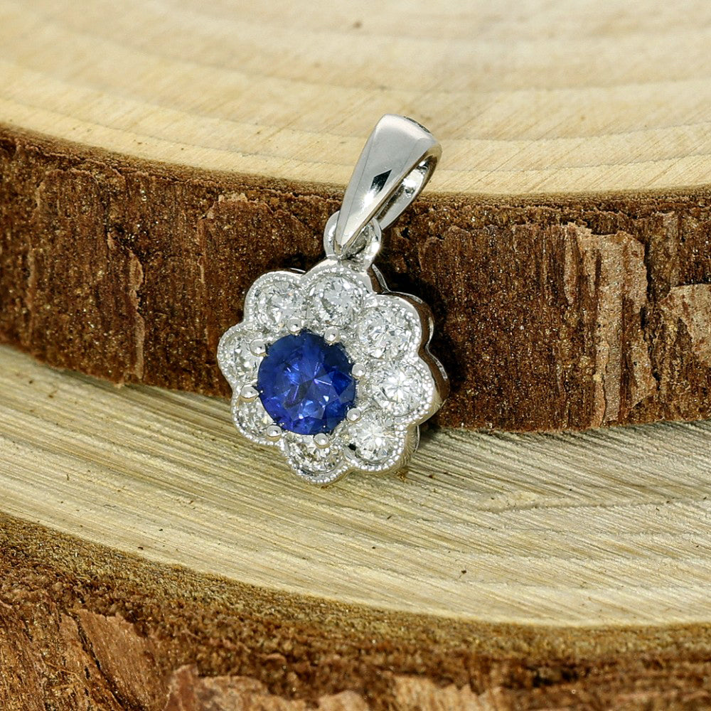 18ct White Gold Sapphire & Diamond Halo Pendant