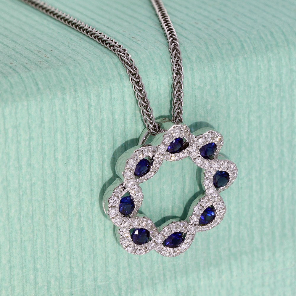 18ct White Gold Sapphire & Diamond Halo Wreath Pendant