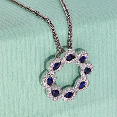 18ct White Gold Sapphire & Diamond Halo Wreath Pendant