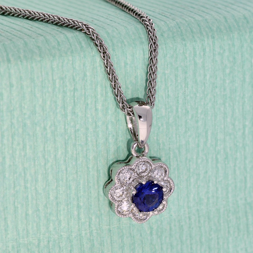 18ct White Gold Sapphire & Diamond Halo Pendant
