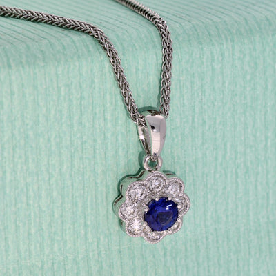 18ct White Gold Sapphire & Diamond Halo Pendant