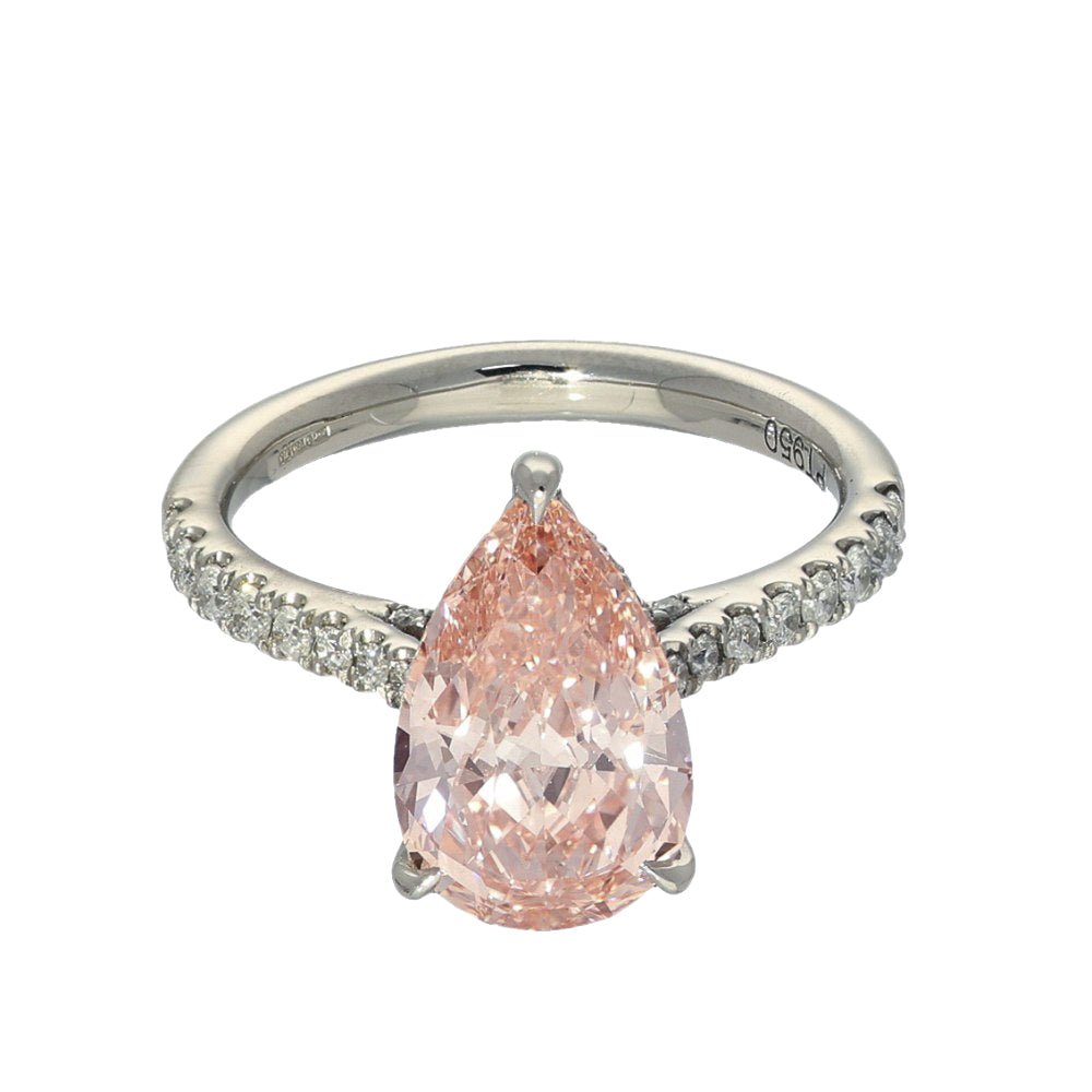 Platinum Laboratory-Grown 2.9ct Pink Pear Cut with Diamond Shoulders Ring