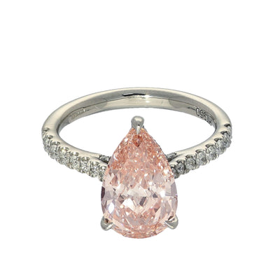 Platinum Laboratory-Grown 2.9ct Pink Pear Cut with Diamond Shoulders Ring
