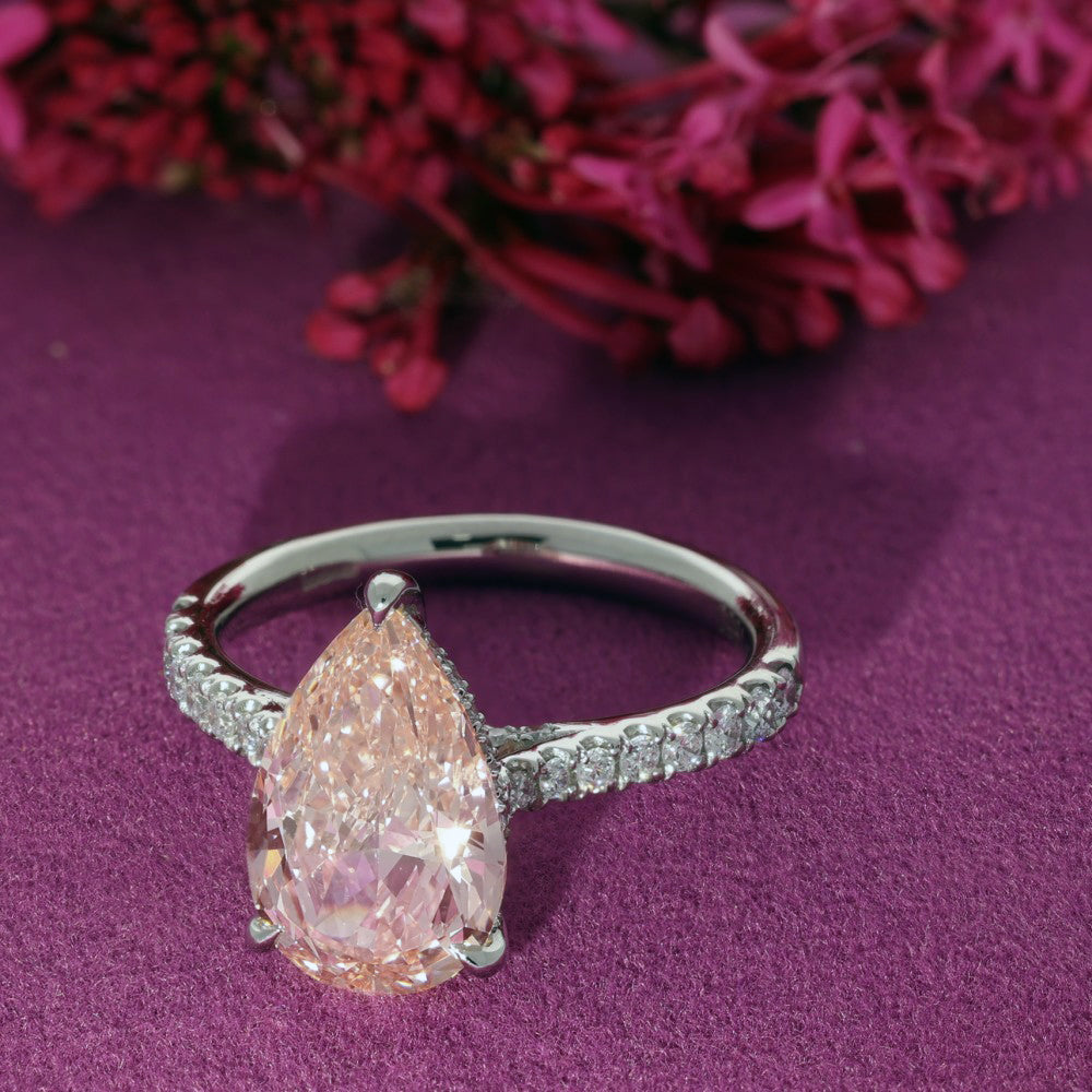 Platinum Laboratory-Grown 2.9ct Pink Pear Cut with Diamond Shoulders Ring