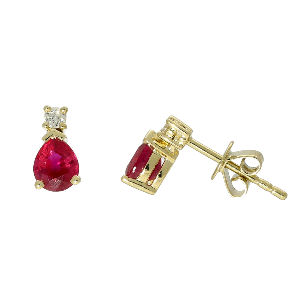 18ct Yellow Gold Pear Shape Ruby and Diamond Teardrop Stud Earrings