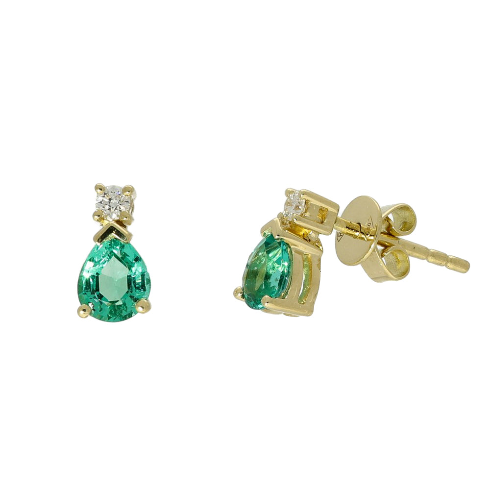 18ct Yellow Gold Pear Shape Emerald and Diamond Teardrop Stud Earrings