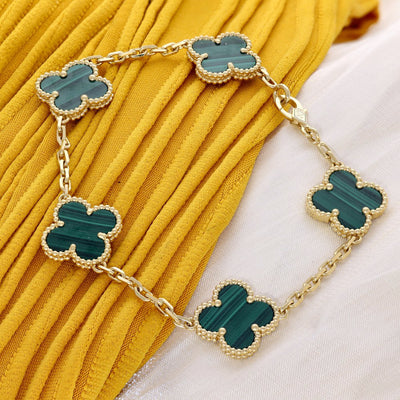 Pre-Loved Van Cleef & Arpels Vintage Alhambra Bracelet, 5 Motifs - 18ct Yellow Gold & Malachite