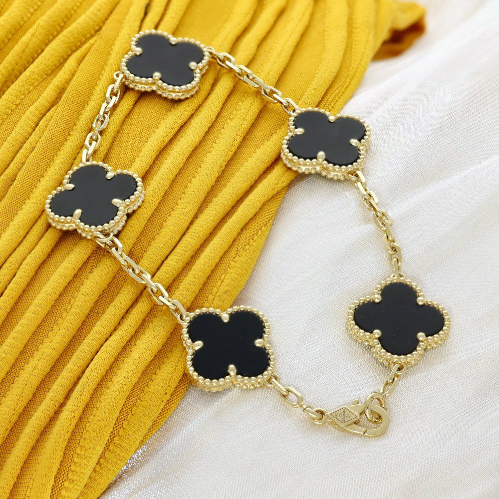 Pre-Loved Van Cleef & Arpels Vintage Alhambra Bracelet, 5 Motifs - 18ct Yellow Gold & Black Onyx