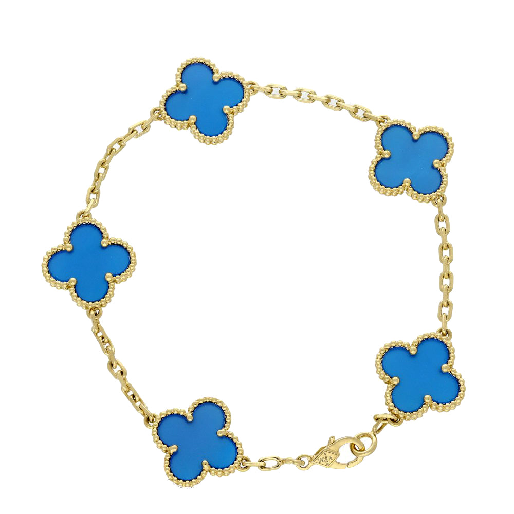 Pre-Loved Van Cleef & Arpels Vintage Alhambra Bracelet, 5 Motifs - 18ct Yellow Gold & Blue Agate