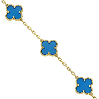 Pre-Loved Van Cleef & Arpels Vintage Alhambra Bracelet, 5 Motifs - 18ct Yellow Gold & Blue Agate