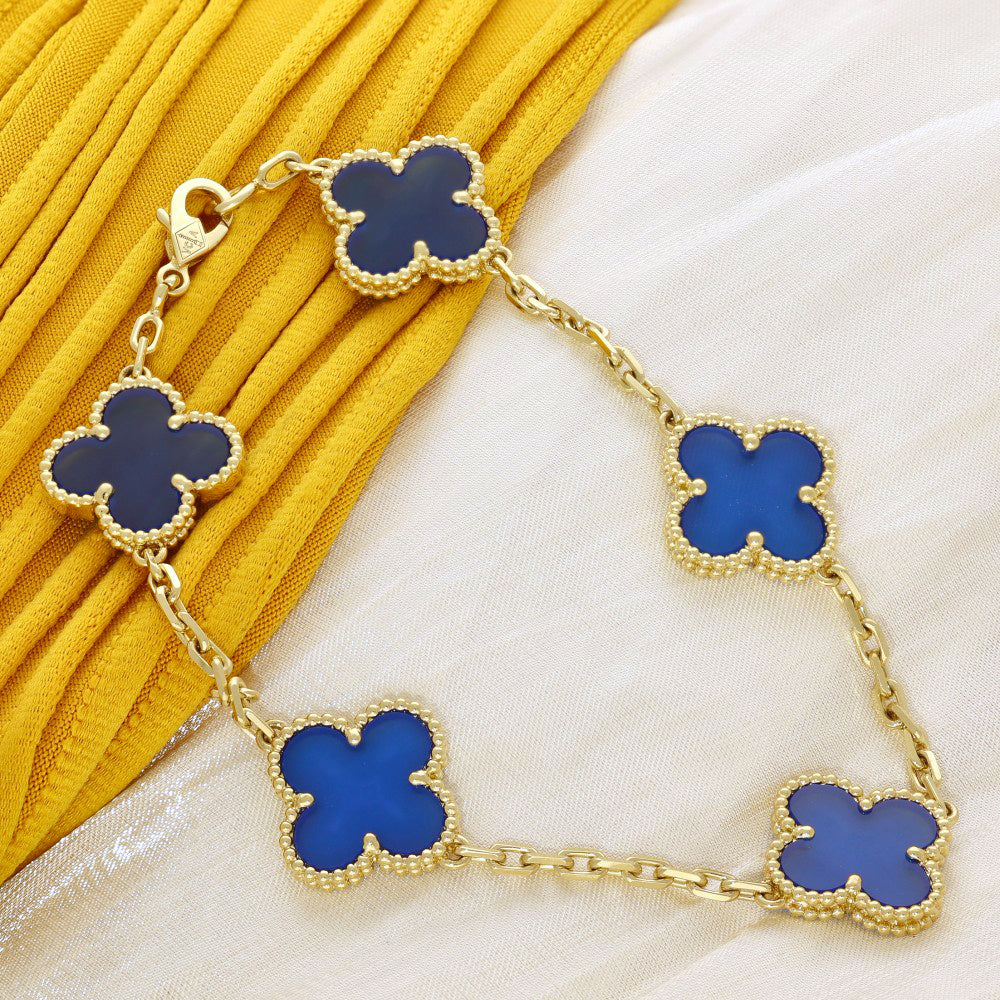 Pre-Loved Van Cleef & Arpels Vintage Alhambra Bracelet, 5 Motifs - 18ct Yellow Gold & Blue Agate