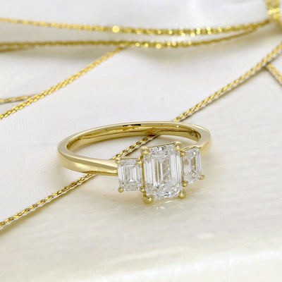 18ct Yellow Gold Laboratory-Grown Diamond 1.50ct Emerald Cut Trilogy Ring