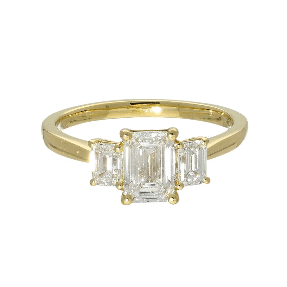 18ct Yellow Gold Laboratory-Grown Diamond 1.50ct Emerald Cut Trilogy Ring