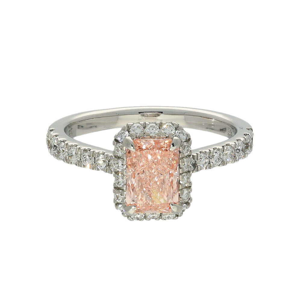 18ct White Gold Laboratory-Grown 1.55ct Pink Radiant Diamond Halo Shoulders Ring