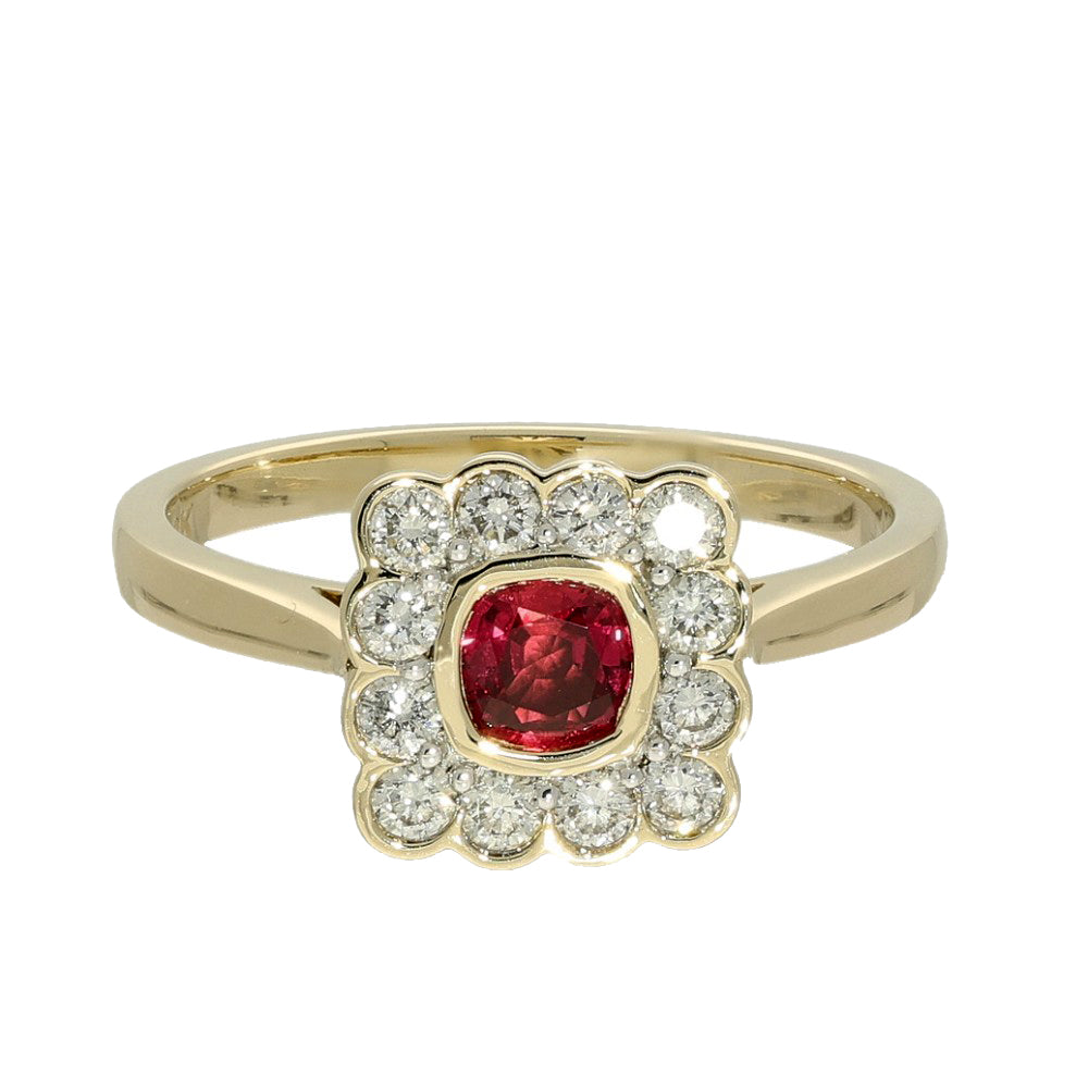 Classic 9ct Square Ruby and Diamond Cluster Halo Ring Brighton