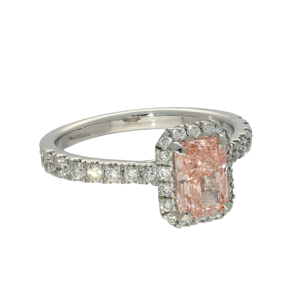 18ct White Gold Laboratory-Grown 1.55ct Pink Radiant Diamond Halo Shoulders Ring