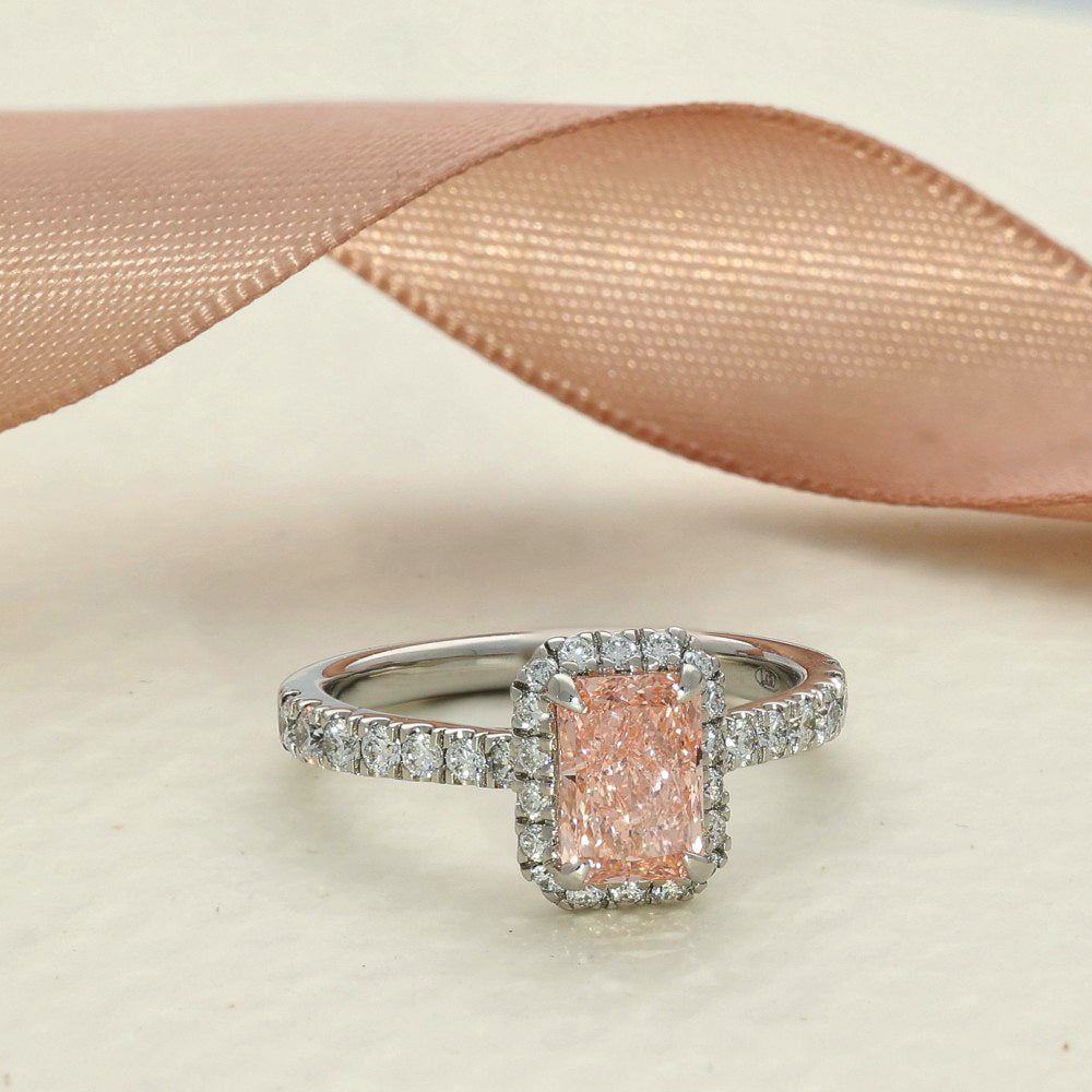 18ct White Gold Laboratory-Grown 1.55ct Pink Radiant Diamond Halo Shoulders Ring