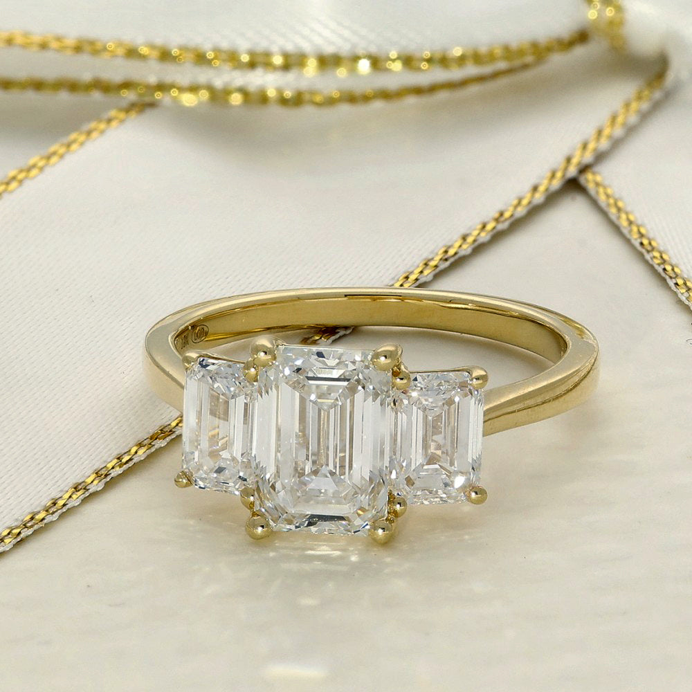 18ct Yellow Gold Laboratory-Grown Diamond 2.50ct Emerald Cut Trilogy Ring