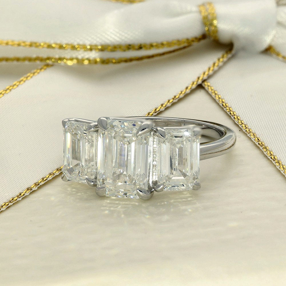 9ct White Gold Laboratory-Grown 5ct Emerald Cut Diamond Trilogy Ring