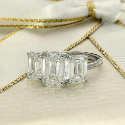 9ct White Gold Laboratory-Grown 5ct Emerald Cut Diamond Trilogy Ring