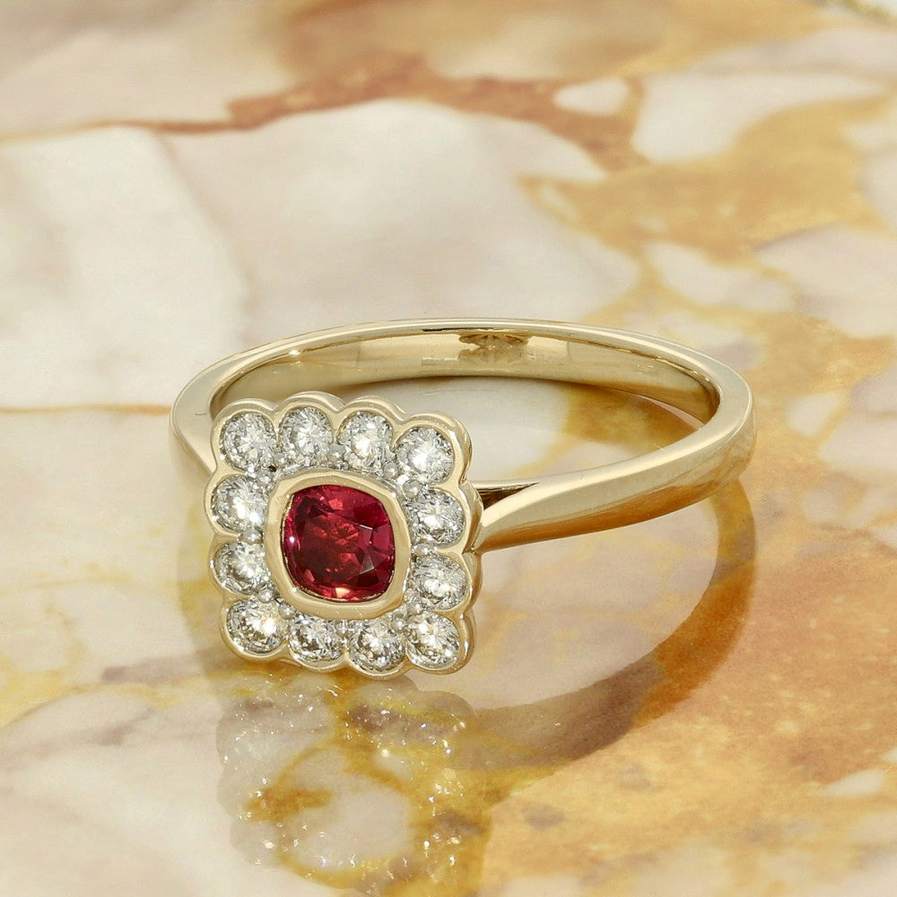 9ct Yellow Gold Ruby and Diamond Square Halo Ring