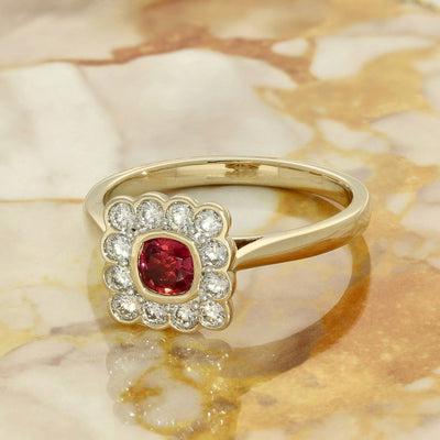 9ct Yellow Gold Ruby and Diamond Square Halo Ring