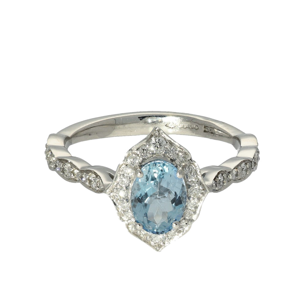 Platinum Aquamarine & Diamond Oval Halo Shoulders Ring