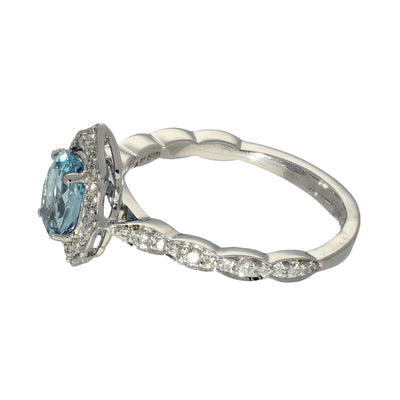 Platinum Aquamarine & Diamond Oval Halo Shoulders Ring